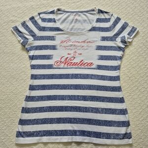 Vintage 90's Nautica Graphic Blue and White Striped Round Neck Tee Sz S
